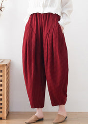 Plus Size Red Wrinkled Draping Pockets Linen Wide Leg Pants Summer