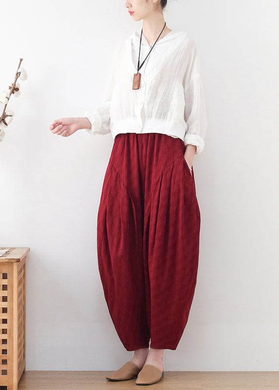 Plus Size Red Wrinkled Draping Pockets Linen Wide Leg Pants Summer