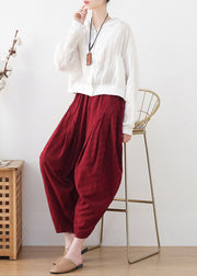 Plus Size Red Wrinkled Draping Pockets Linen Wide Leg Pants Summer