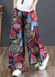 Plus Size Red elastic waist Pockets Print Cotton Wide Leg Pants Summer