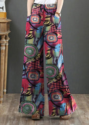 Plus Size Red elastic waist Pockets Print Cotton Wide Leg Pants Summer