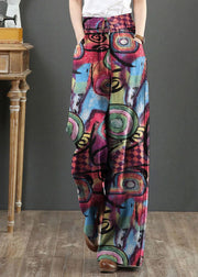 Plus Size Red elastic waist Pockets Print Cotton Wide Leg Pants Summer