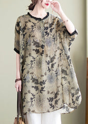 Plus Size Ruffled Side Open Print Linen Long Shirts Batwing Sleeve