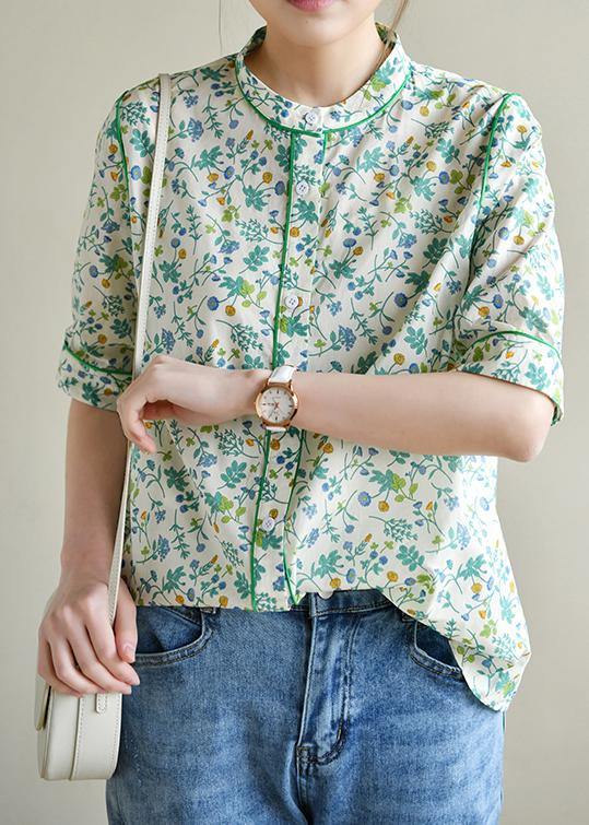 Plus Size Short Sleeve Green Print Cotton Blouses - SooLinen