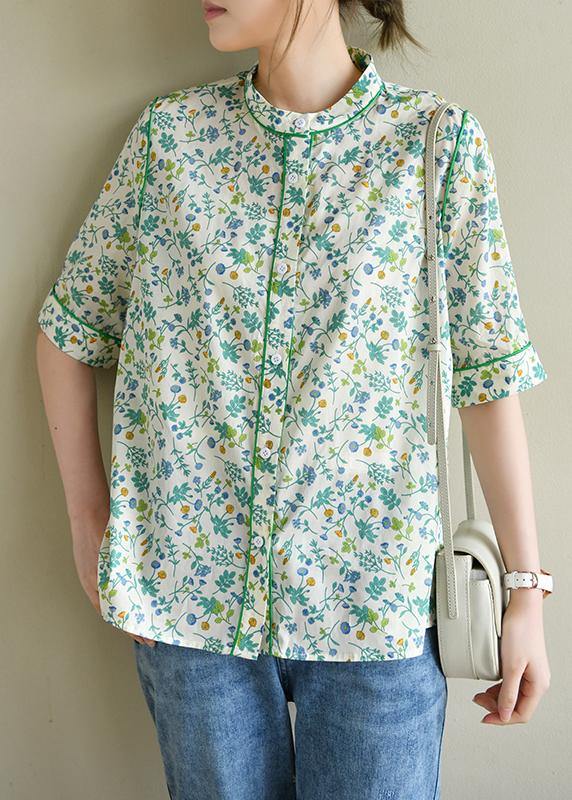 Plus Size Short Sleeve Green Print Cotton Blouses - SooLinen