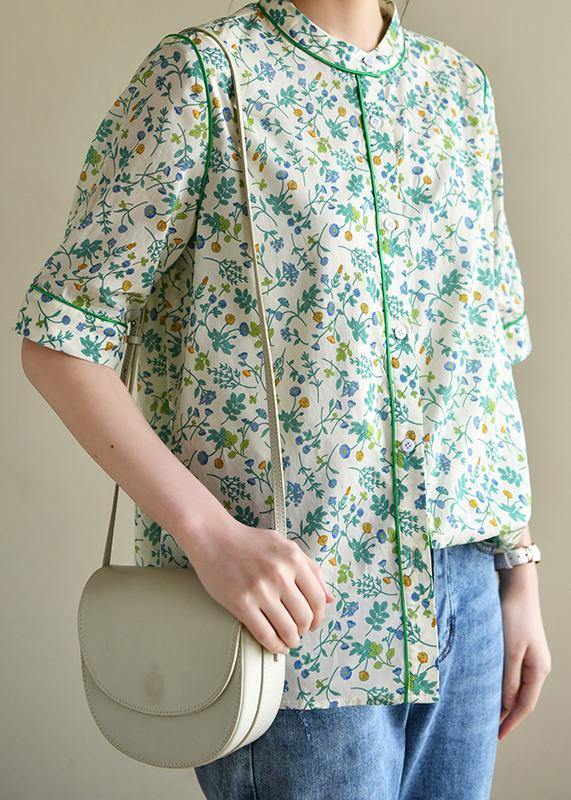 Plus Size Short Sleeve Green Print Cotton Blouses - SooLinen