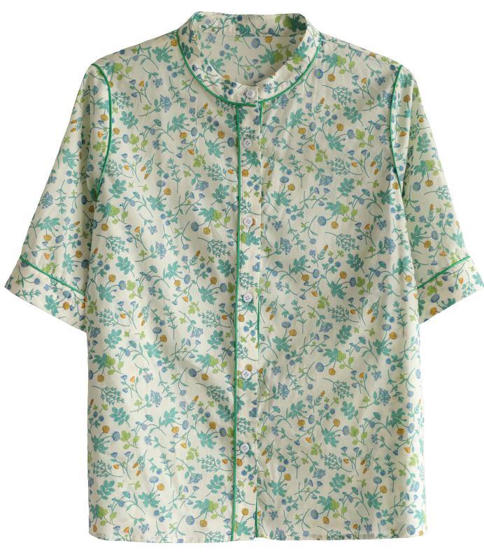 Plus Size Short Sleeve Green Print Cotton Blouses - SooLinen