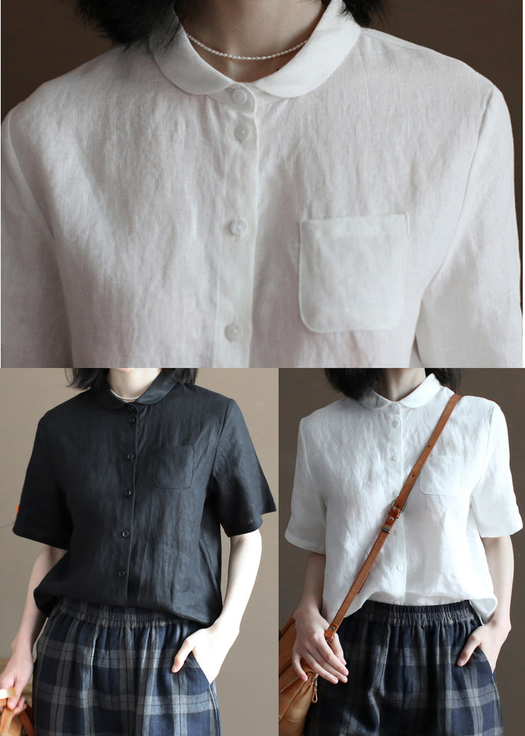 Plus Size Solid White Peter Pan Collar Pocket Linen Shirts Half Sleeve