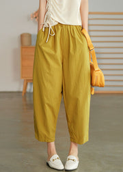 Plus Size Solid Yellow Elastic Waist Wrinkled Pockets Linen Crop Pants Summer