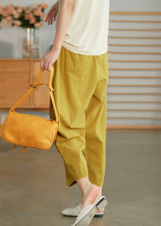 Plus Size Solid Yellow Elastic Waist Wrinkled Pockets Linen Crop Pants Summer