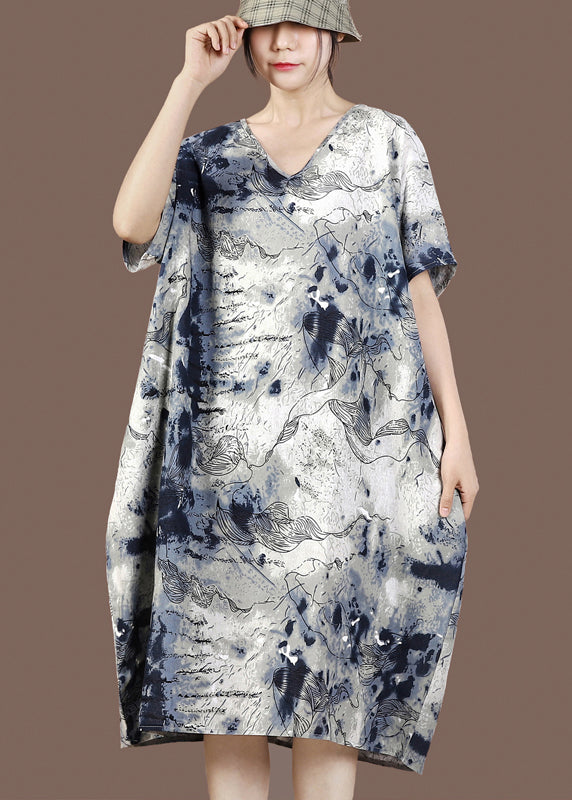 Plus Size V Neck Print Pockets Dresses Short Sleeve