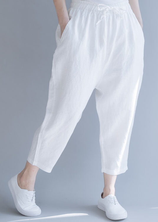 Plus Size White Cinched Casual Linen Pants Trousers Spring