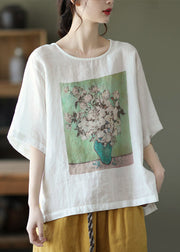 Plus Size White O-Neck Print Linen T Shirt Half Sleeve