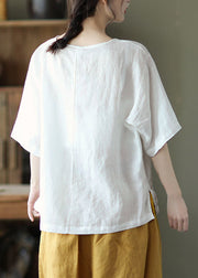 Plus Size White O-Neck Print Linen T Shirt Half Sleeve