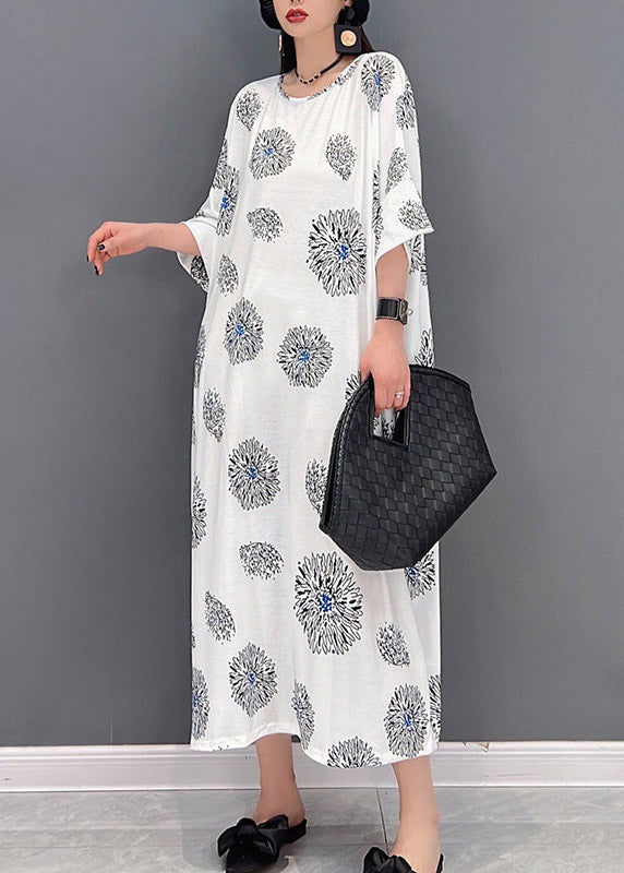 Plus Size White O-Neck Print Long Dress Half Sleeve