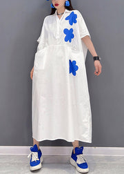 Plus Size White Peter Pan Collar Print Long Dresses Short Sleeve