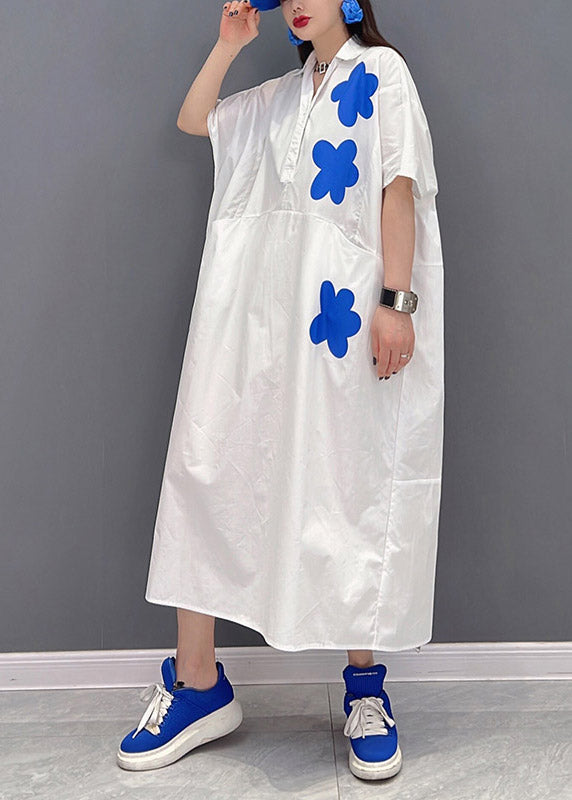 Plus Size White Peter Pan Collar Print Long Dresses Short Sleeve