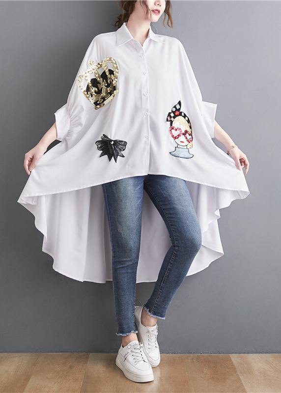 Plus Size White Spring Appliques low high design Top - SooLinen