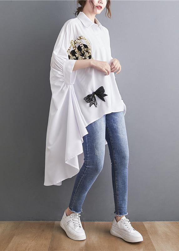 Plus Size White Spring Appliques low high design Top - SooLinen