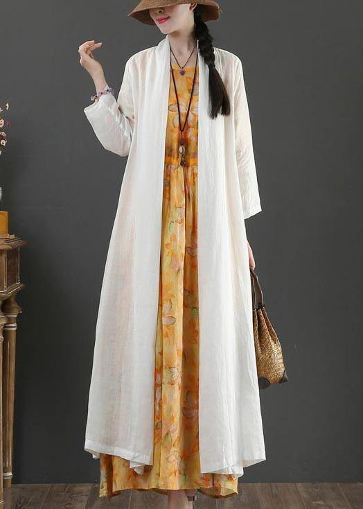 Plus Size White Summer Linen side open Loose Coat Long - SooLinen