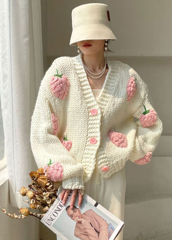 Plus Size White V Neck Button Knit Sweater Winter Coat