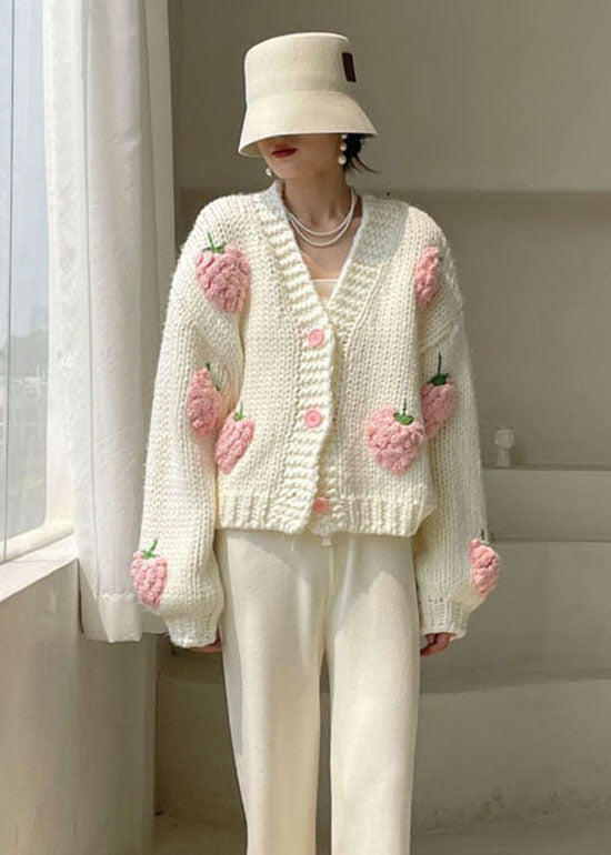 Plus Size White V Neck Button Knit Sweater Winter Coat