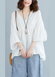 Plus Size White V Neck Patchwork Loose Fall Tops Half Sleeve