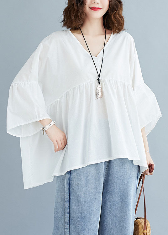 Plus Size White V Neck Patchwork Loose Fall Tops Half Sleeve