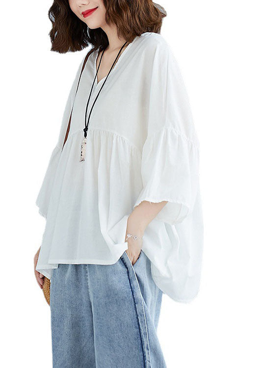 Plus Size White V Neck Patchwork Loose Fall Tops Half Sleeve