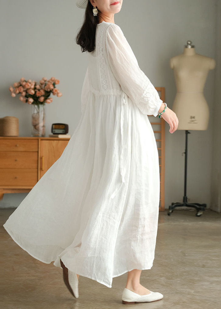 Plus Size White Wrinkled Embroideried Patchwork Linen Holiday Dress lantern sleeve