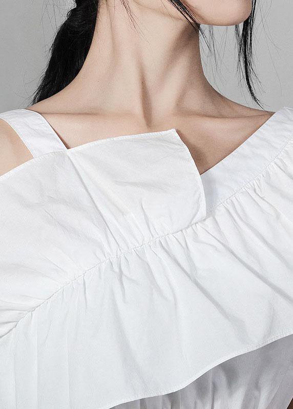 Plus Size White asymmetrical design Cold Shoulder Ruffles Summer Shirt Top - SooLinen