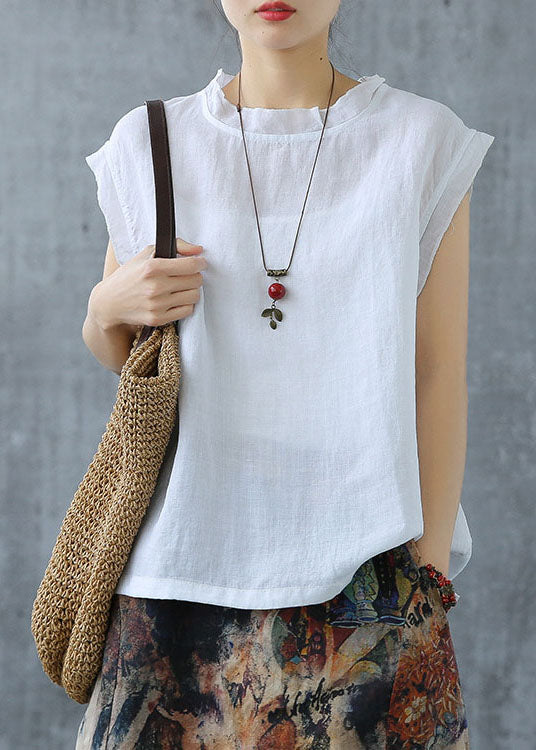 Plus Size White drawstring Turtle Neck Linen Tank Short Sleeve