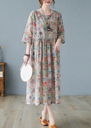 Plus Size Wrinkled Print Exra Large Hem Linen Long Dress Three Quarter Sleeve