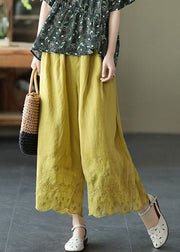 Plus Size Yellow Elastic Waist Embroideried Linen Crop Pants Summer