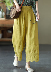 Plus Size Yellow Elastic Waist Embroideried Linen Crop Pants Summer