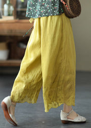 Plus Size Yellow Elastic Waist Embroideried Linen Crop Pants Summer