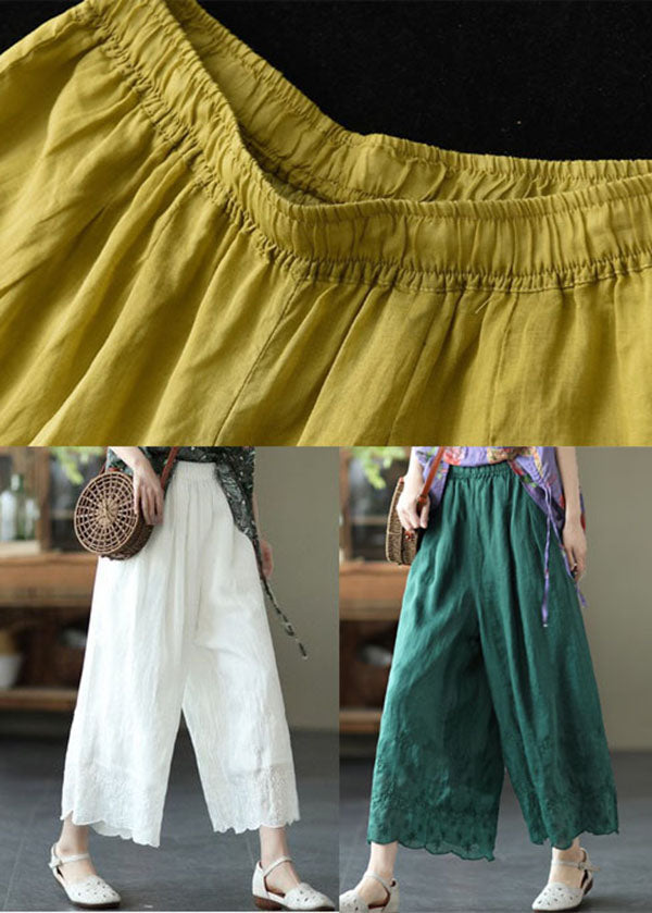 Plus Size Yellow Elastic Waist Embroideried Linen Crop Pants Summer