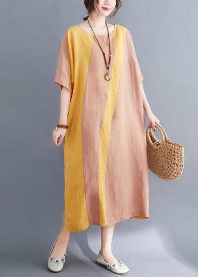 Plus Size Yellow O-Neck Casual Straight Summer Ankle Dress - SooLinen