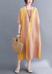 Plus Size Yellow O-Neck Casual Straight Summer Ankle Dress - SooLinen