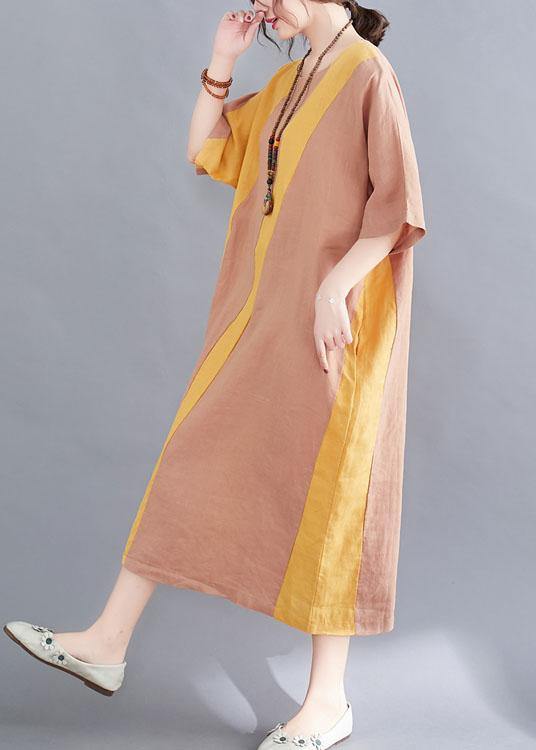 Plus Size Yellow O-Neck Casual Straight Summer Ankle Dress - SooLinen