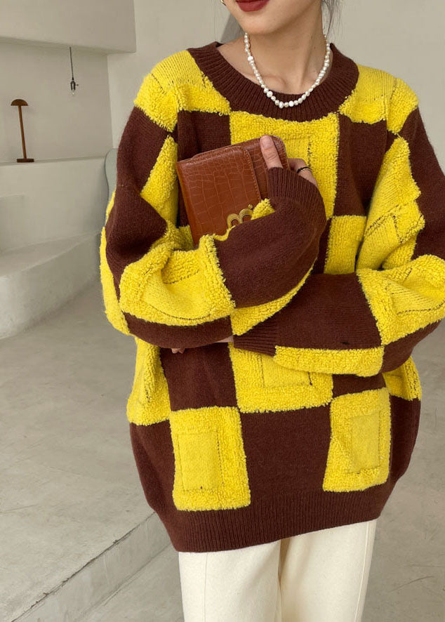 Plus Size Yellow O-Neck Plaid Knitted Tops Winter