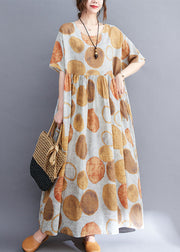 Plus Size Yellow O-Neck Wrinkled Dot Print Linen Long Dress Short Sleeve