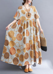 Plus Size Yellow O-Neck Wrinkled Dot Print Linen Long Dress Short Sleeve