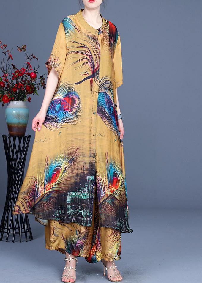 Plus Size Yellow Print O-Neck Silk Two Pieces Set Summer - SooLinen