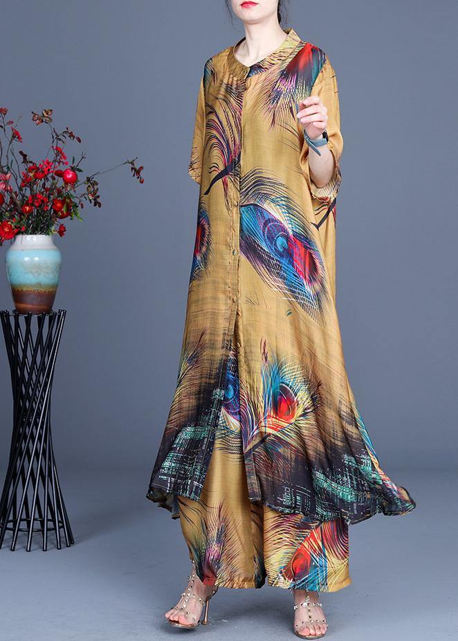 Plus Size Yellow Print O-Neck Silk Two Pieces Set Summer - SooLinen