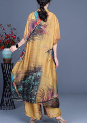 Plus Size Yellow Print O-Neck Silk Two Pieces Set Summer - SooLinen