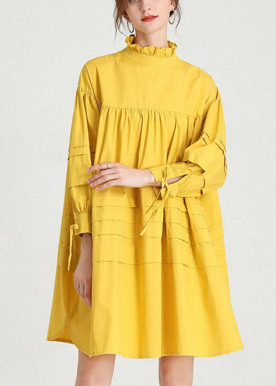 Plus Size Yellow Stand Cotton Bow Spring Maxi Dresses - SooLinen