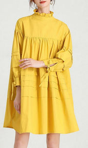 Plus Size Yellow Stand Cotton Bow Spring Maxi Dresses - SooLinen