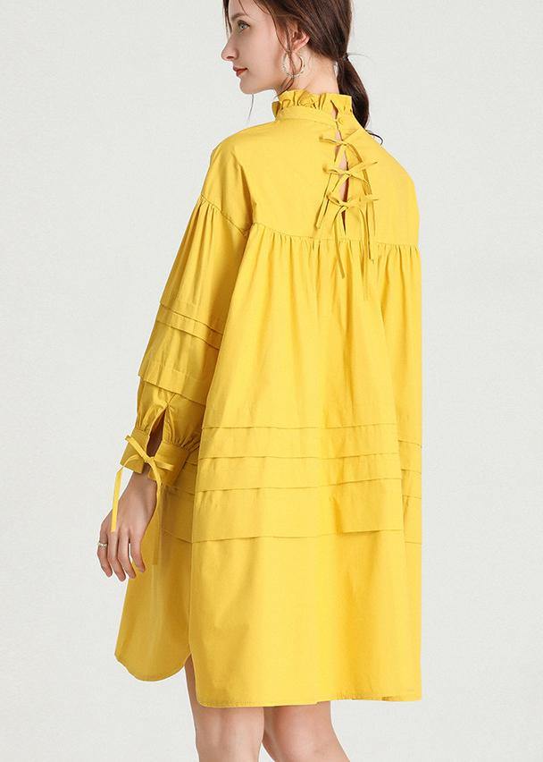 Plus Size Yellow Stand Cotton Bow Spring Maxi Dresses - SooLinen