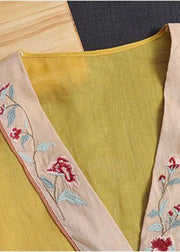 Plus Size Yellow V Neck Embroideried Cotton Linen Blouse Tops Bracelet Sleeve